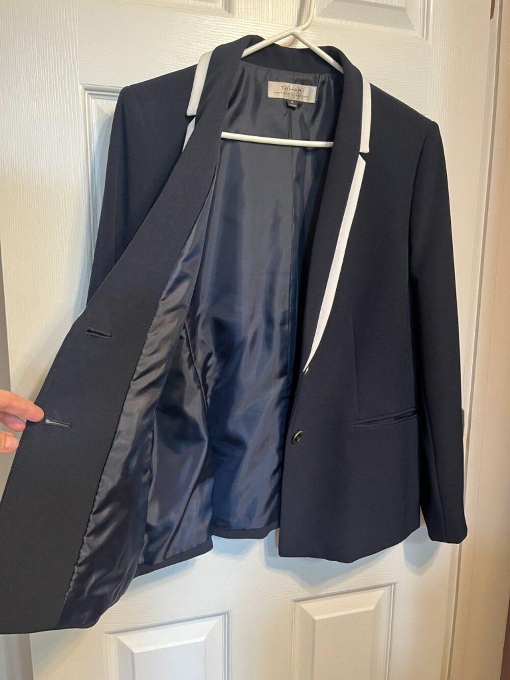 Tahari ASL Navy Pantsuit with White Trim Size 12 Career Office 2-Piece Set - Picture 3 of 8